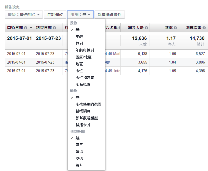 Facebook廣告報告設定